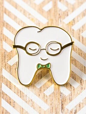 Kids White Tooth Enamel Pin with Green Bow